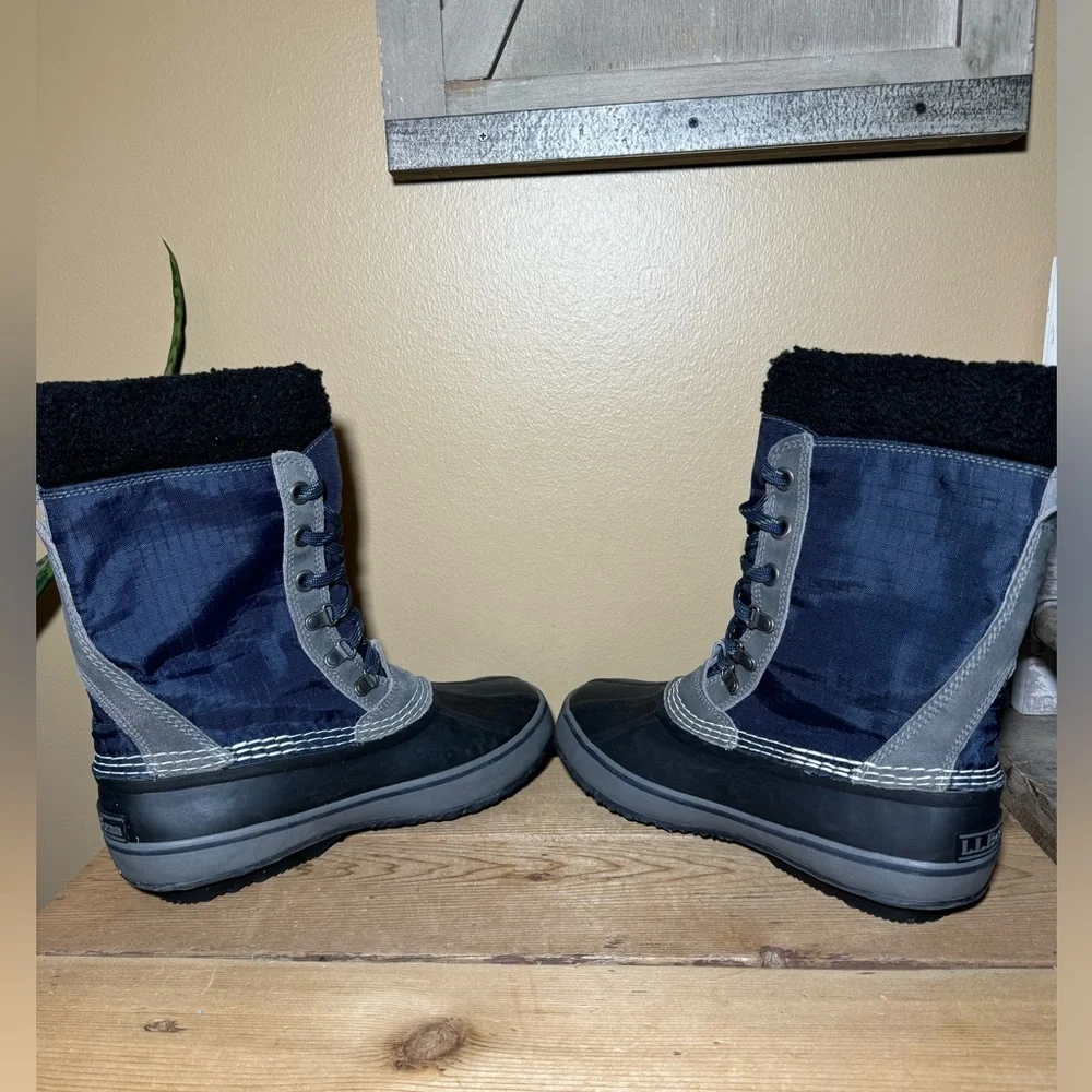 LL Bean Black Nylon Lace Up Fleece Lined Insulated Mid Calf Duck Boots Size 8